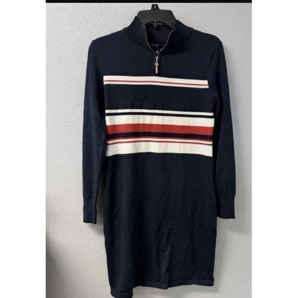 Tommy Hilfiger Women's Sweater Dress Size S Navy Striped 1/4 Zip Preppy Nautical